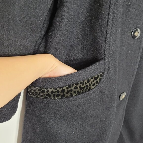 Gallery Vintage Black Button-Down Retro Wool Blend Leopard Print Collar Jacket - Picture 8 of 11